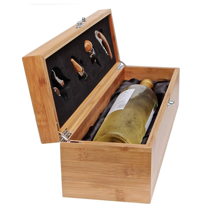 Premium Wooden Wine Box Set | Elegant Single Bottle Gift Case with Hinged Lid & Secure Clasp | Bamboo Wine Case with Tools Included | Ideal for Wine Enthusiasts, Birthdays, Housewarmings & Anniversaries